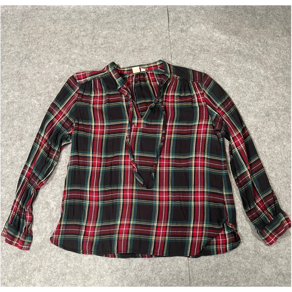 Gap Womens Plaid Split Neck Tie Blouse Red Green Navy Blue Long Sleeve Top L